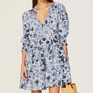 Misa Los Angeles Dress White Blue Floral Print Ruffle Tiered Women Maya Swing XS